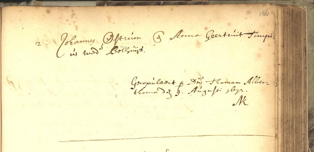 1672 huwelijksinschrijving Jan Oostrum en Geertruid Timpius