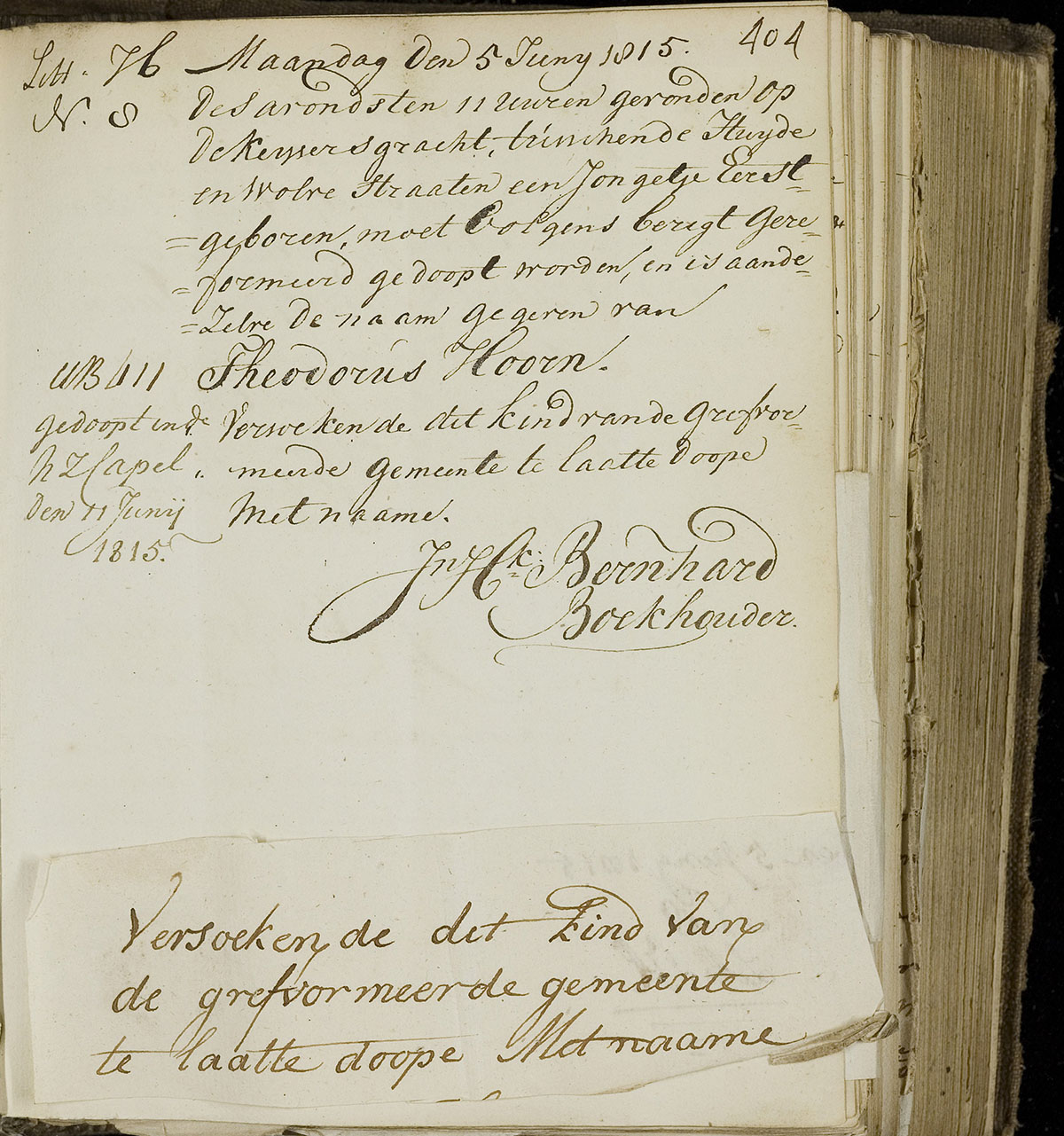Inname Theodorus Hoorn in het Aalmoezeniersweeshuis in 1815