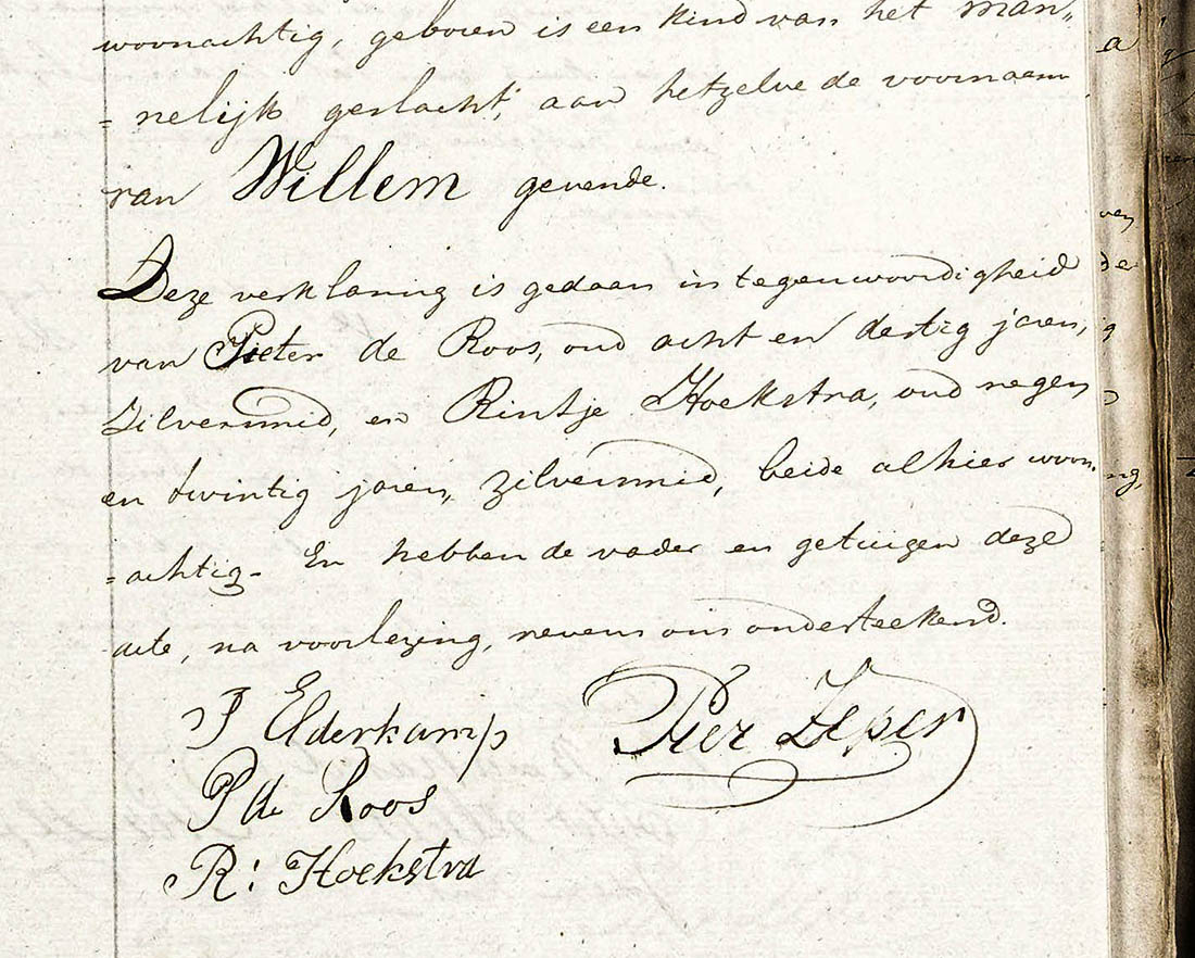 Doopgetuigen bij geboorteaangifte Willem Elderkamp