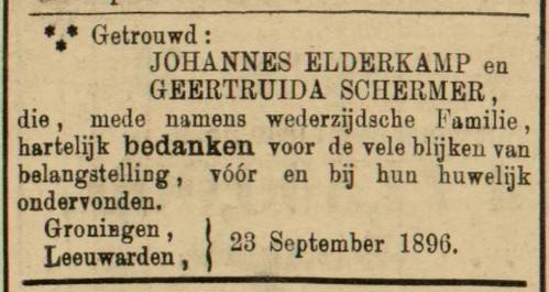 Bedankadvertentie na huwelijk Johannes Elderkamp en Geertruida Schermer