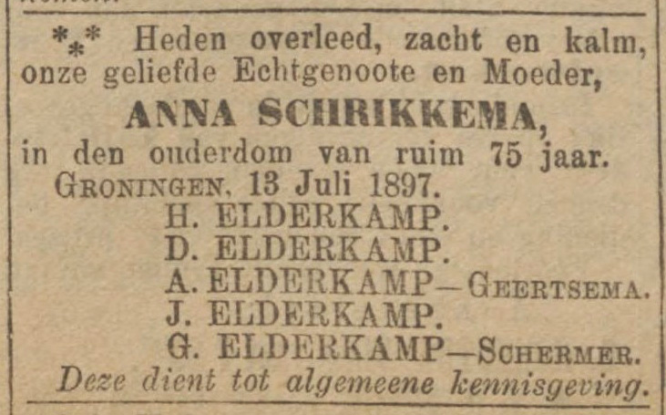 Overlijdensadvertentie van Anna Schrikkema, vrouw van Hendrik Elderkamp