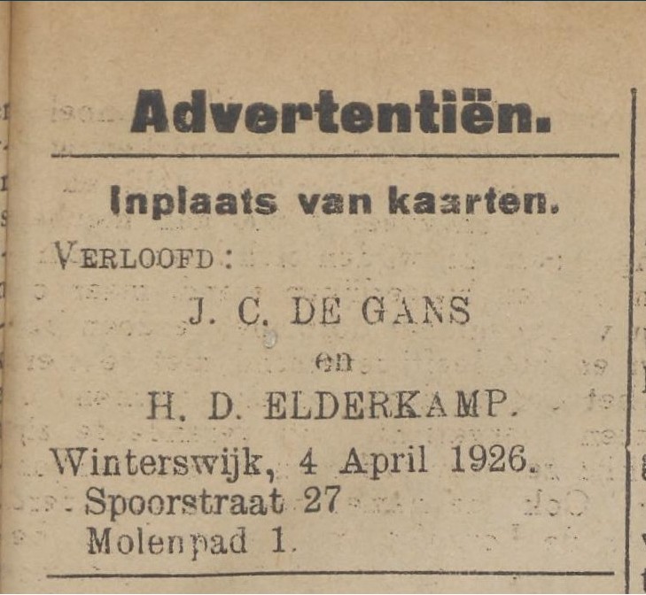 verloving Hendrik Elderkamp met Johanna de Gans