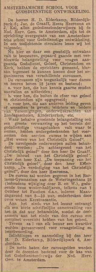 Oprichting Amsterdamsche School voor Godsdienstige Ontwikkeling 1932