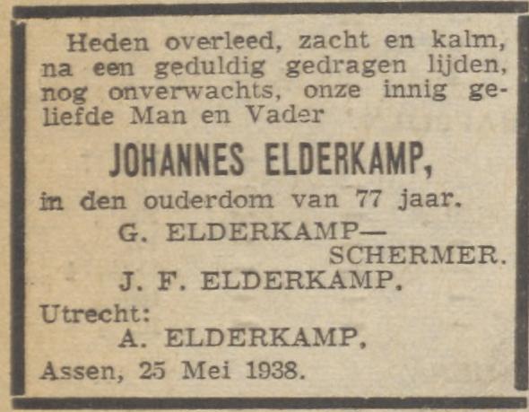 overlijdensadvertentie Johannes Elderkamp 1938 