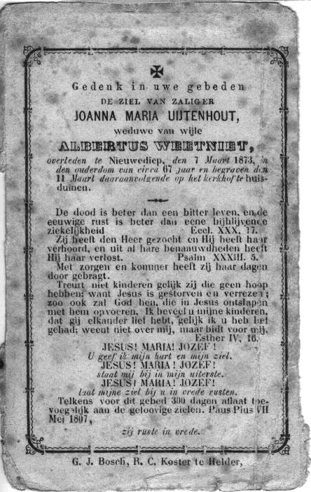 Bidprentje van Johanna Maria Uijtenhout 1873